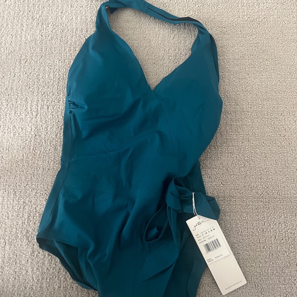 Gottex One-Piece Halter Swimsuit Teal Tie Waist NWT Size 6